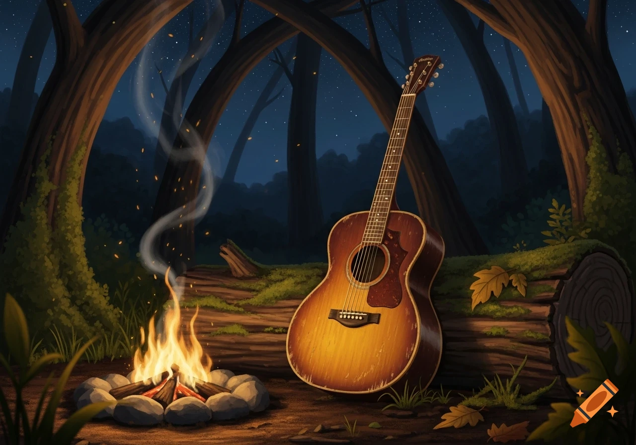 An old acoustic guitar leans against a log next to a campfire in a dark forest at night.