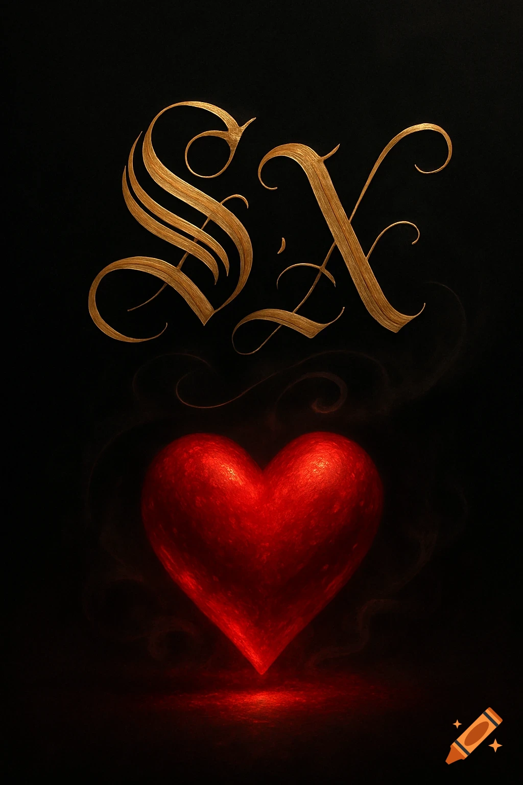 Golden calligraphic letters 'SX' above a glowing red heart on a dark background.