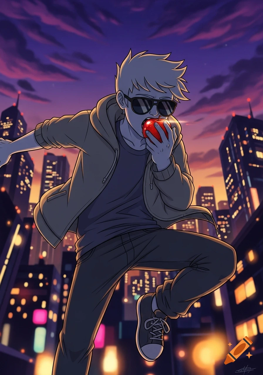 A stylized person wearing sunglasses eating a red apple in front of a vibrant city skyline at sunset.