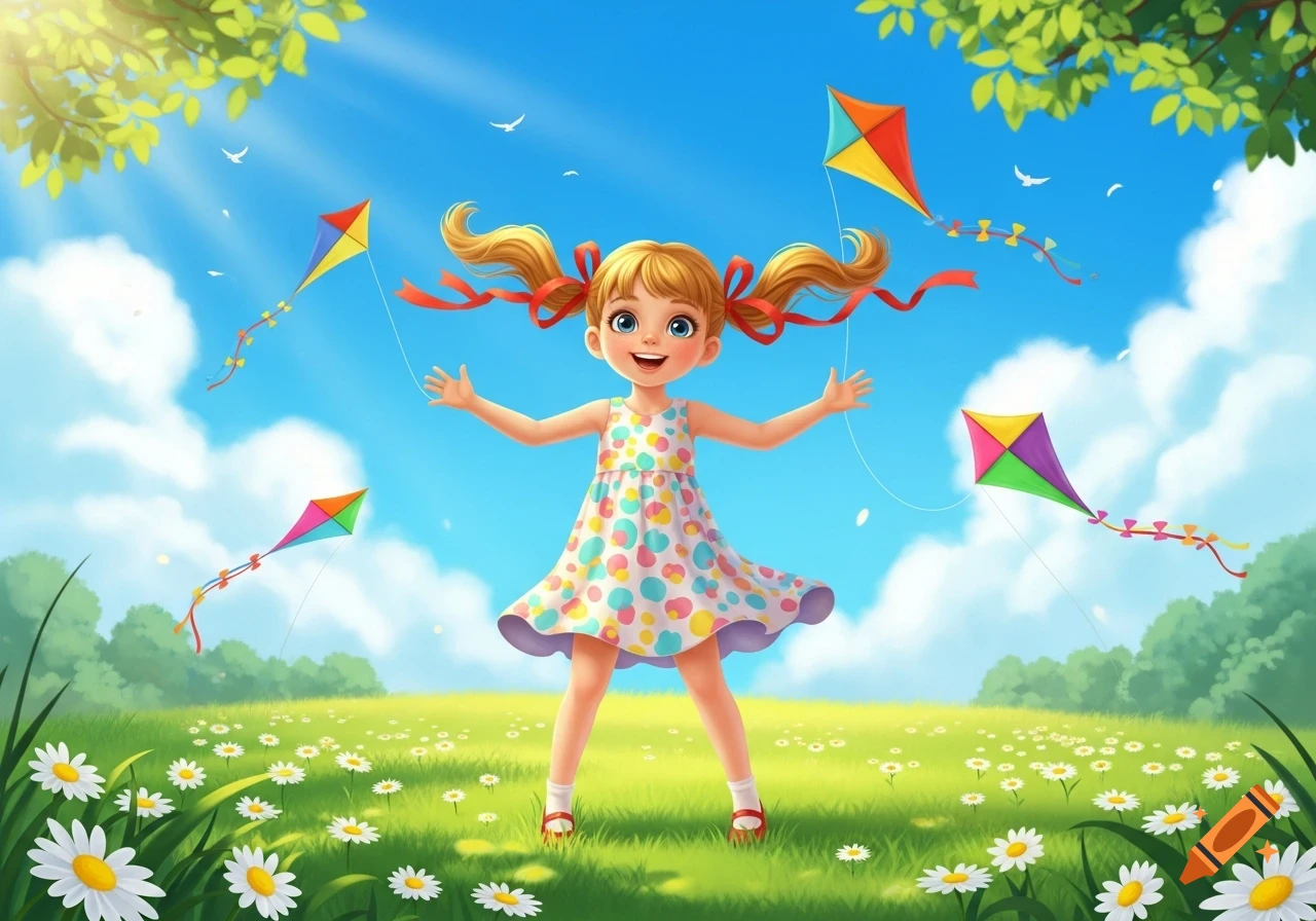Happy cartoon girl with pigtails and a polka dot dress, arms outstretched in a sunny daisy field with colorful kites flying in a blue sky.