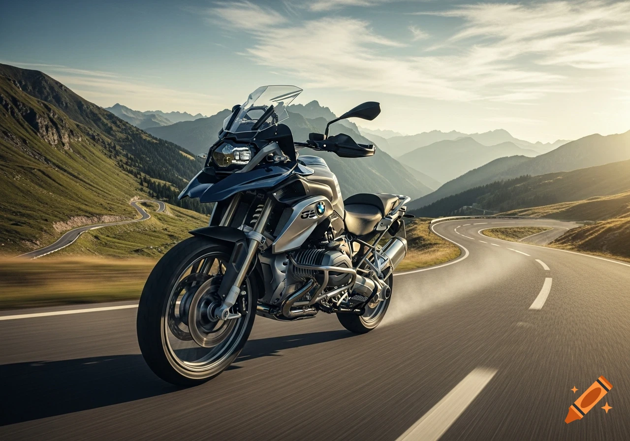 A photorealistic BMW GS motorcycle speeding on a winding mountain road at sunset.