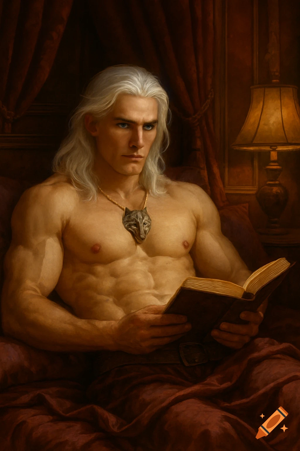 A muscular man with long white hair and blue eyes, wearing a wolf ...