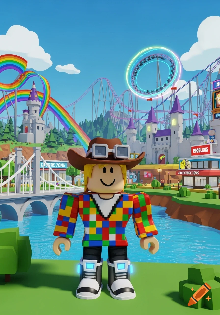 A Roblox-style character with a cowboy hat and a multicolored checkered shirt stands in front of a colorful amusement park with roller coasters and castles.