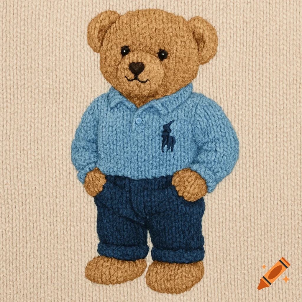 A knitted brown teddy bear in a blue Polo sweater and dark jeans, on a cream knitted background.