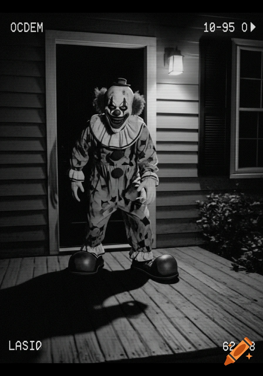 Black and white security camera footage shows a sinister clown with a wide, toothy grin standing on a porch.