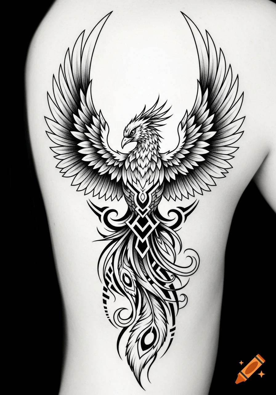 A detailed black and white phoenix tattoo with tribal patterns on a person's upper back, wings spread.
