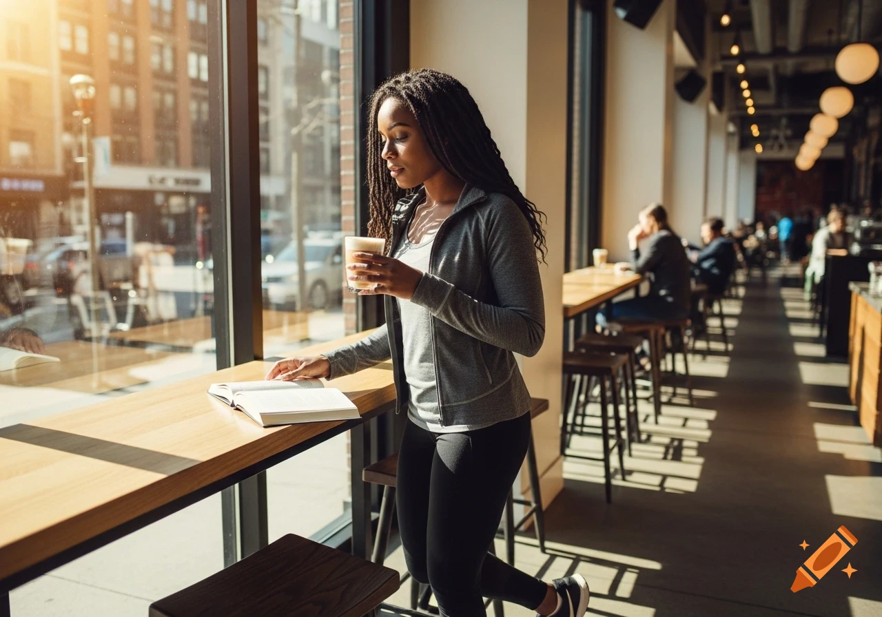 Photorealistic image of a woman with dreadlocks reading a book and sipping a latte at a sunlit coffee shop window.