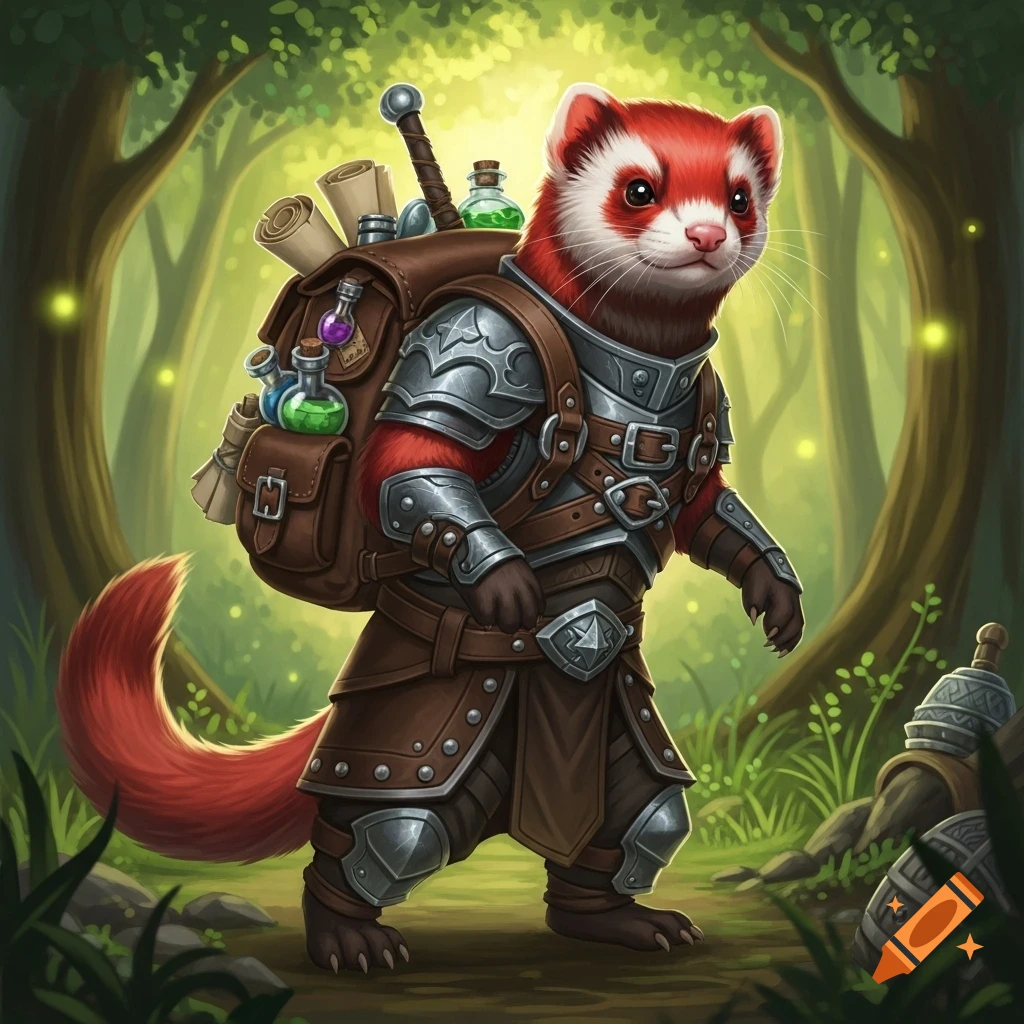 A red and white ferret fantasy RPG character wearing armor and a backpack, standing in a magical forest.