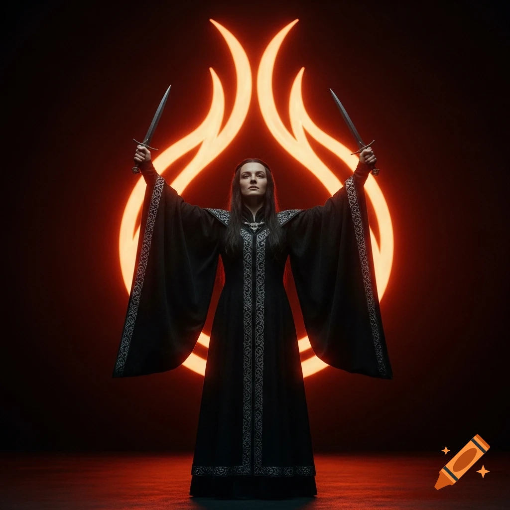A hyper-realistic, cinematic shot of a woman in a black robe holding daggers, standing before a glowing orange flame sigil on a dark background.