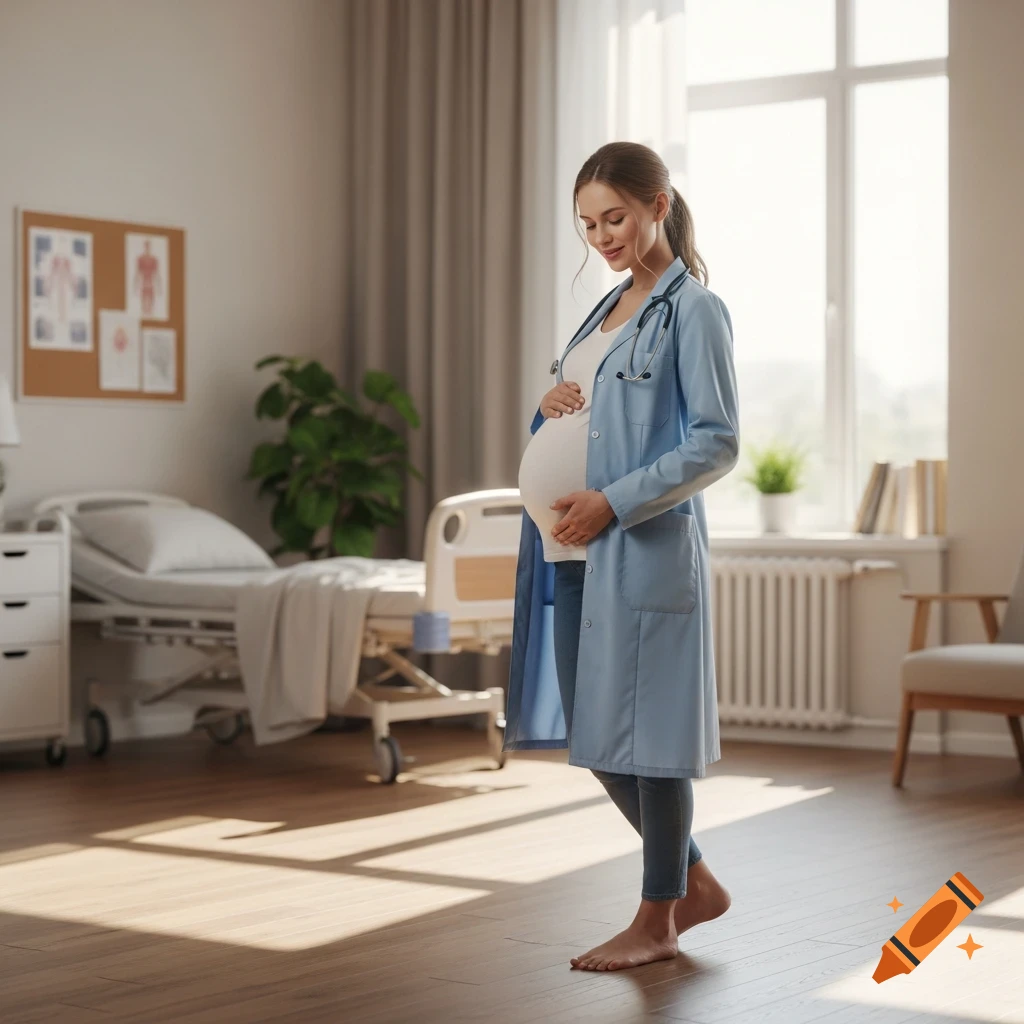Pregnant doctor, barefoot, gently holds her belly in a sunlit hospital room. Photorealistic style.