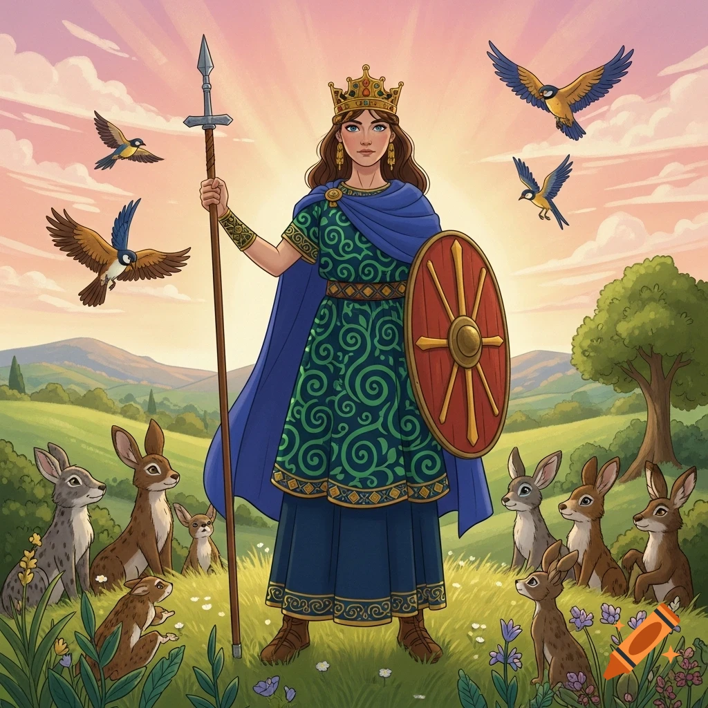 Regal Boudicca holding a spear and shield, surrounded by rabbits and birds in a vibrant, cartoon-style pastoral landscape.