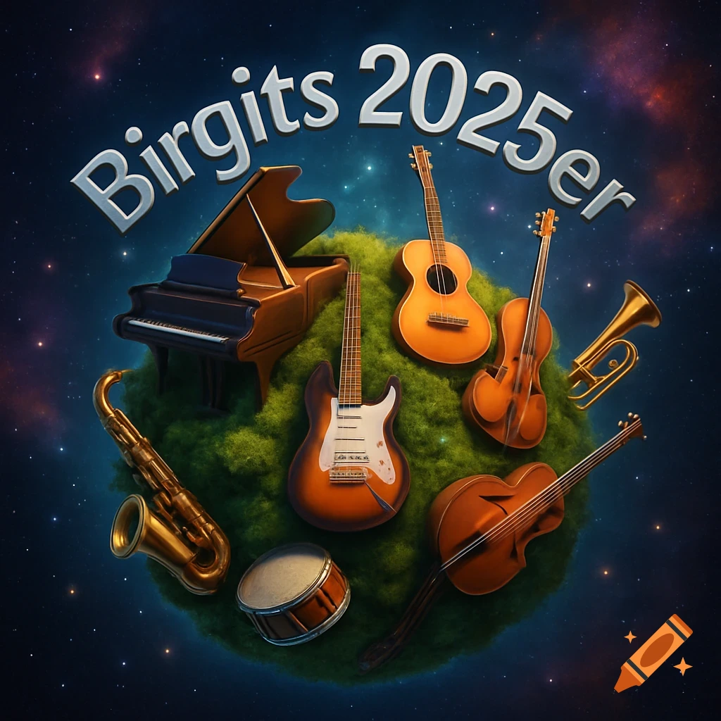 A grassy planet-like sphere in space with various musical instruments and the text "Birgits 2025er".