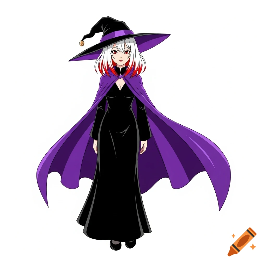 An anime witch with white hair and red highlights wears a black dress, purple cape, and a black hat.