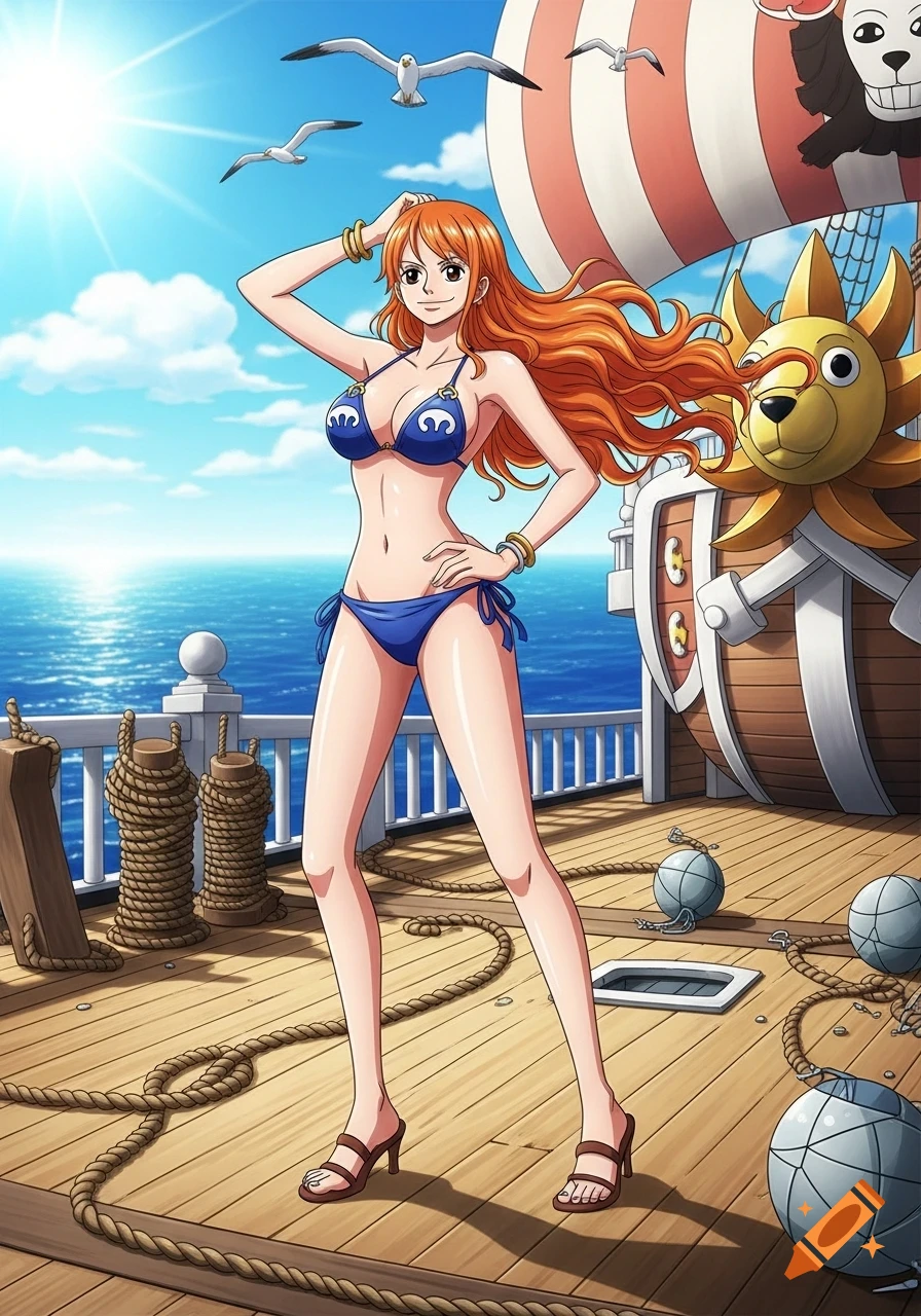 Anime illustration of Nami from One Piece in a blue bikini on a ship deck with the ocean and sky in the background.
