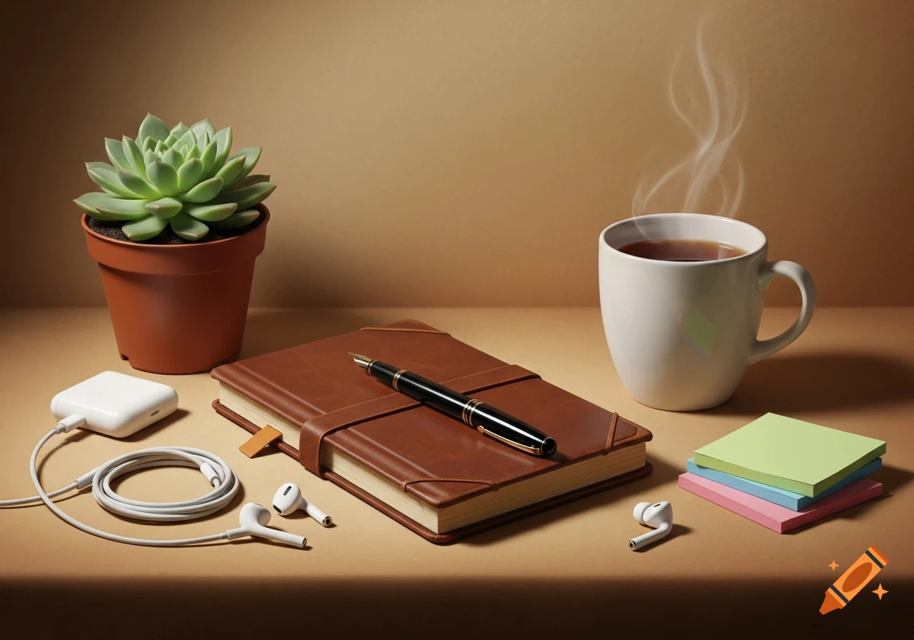 A still life showing a potted succulent, a brown notebook with a pen, earbuds, a steaming mug, and sticky notes on a beige surface.