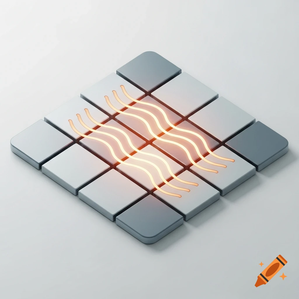 An isometric 3D render of light and dark gray tiles with glowing orange wavy lines indicating warmth beneath them.
