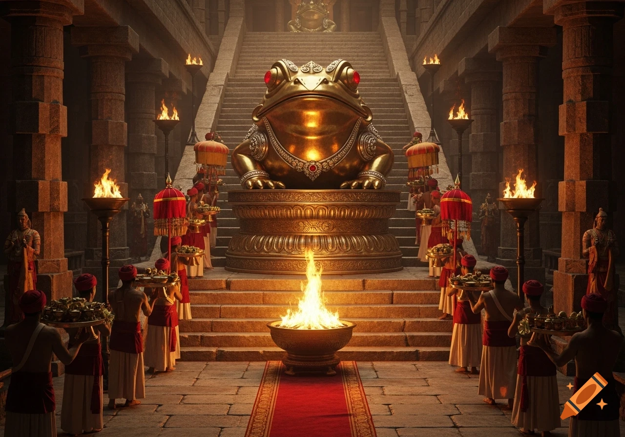 A majestic golden frog idol with ruby eyes sits on a pedestal at the top of temple steps, surrounded by torchlight, a blazing fire, and priests carrying offerings.