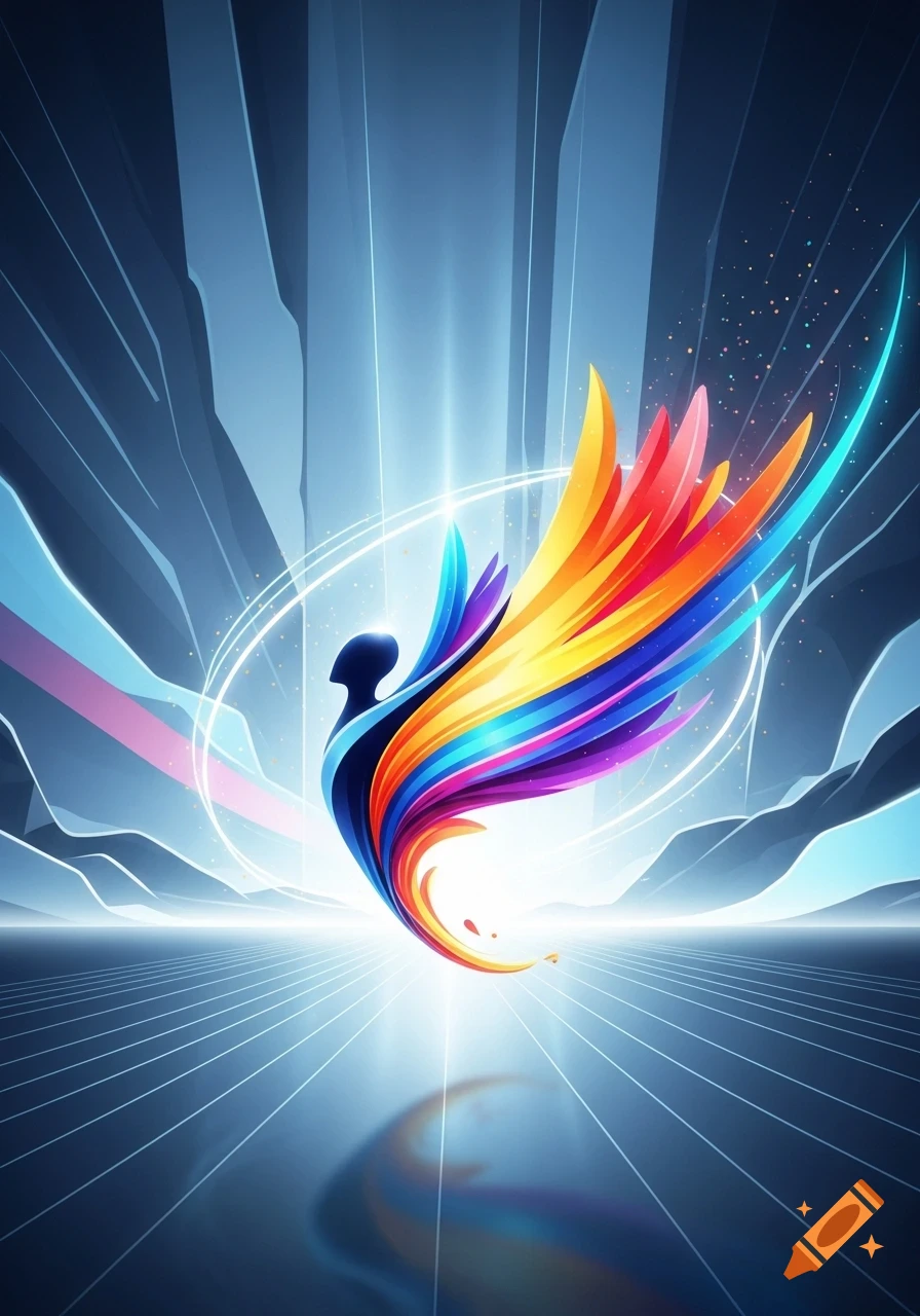 Stylized colorful bird-like figure with rainbow wings against a glowing blue, futuristic digital art background.