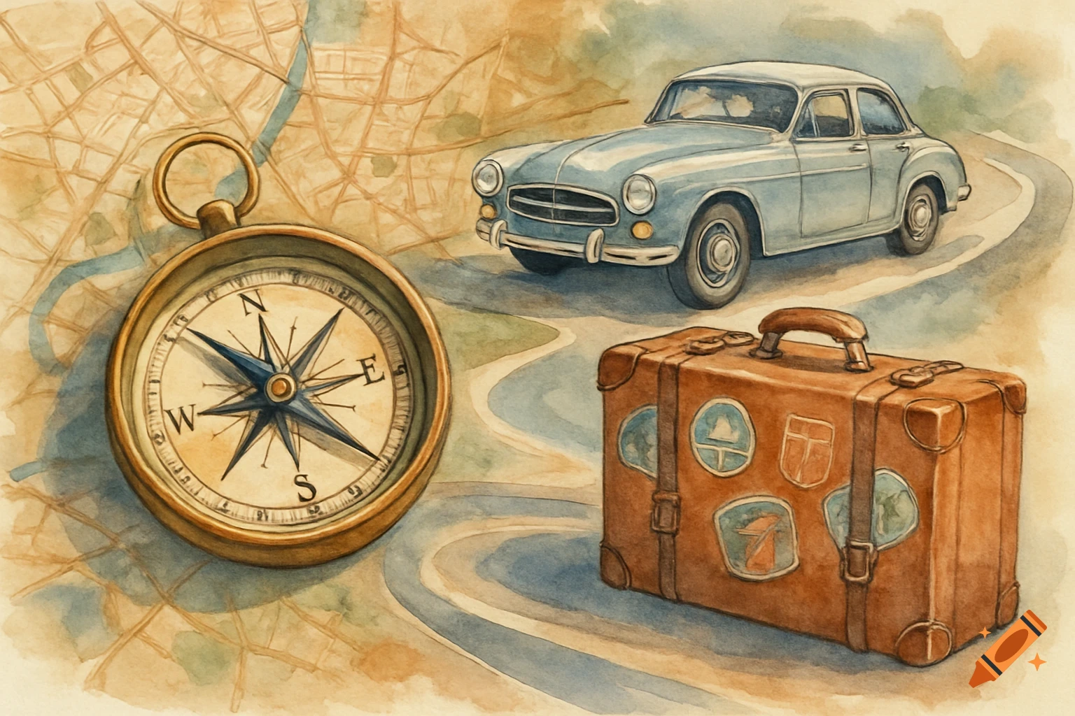 Watercolor illustration of a vintage car, a compass, and a suitcase with travel stickers on a map.