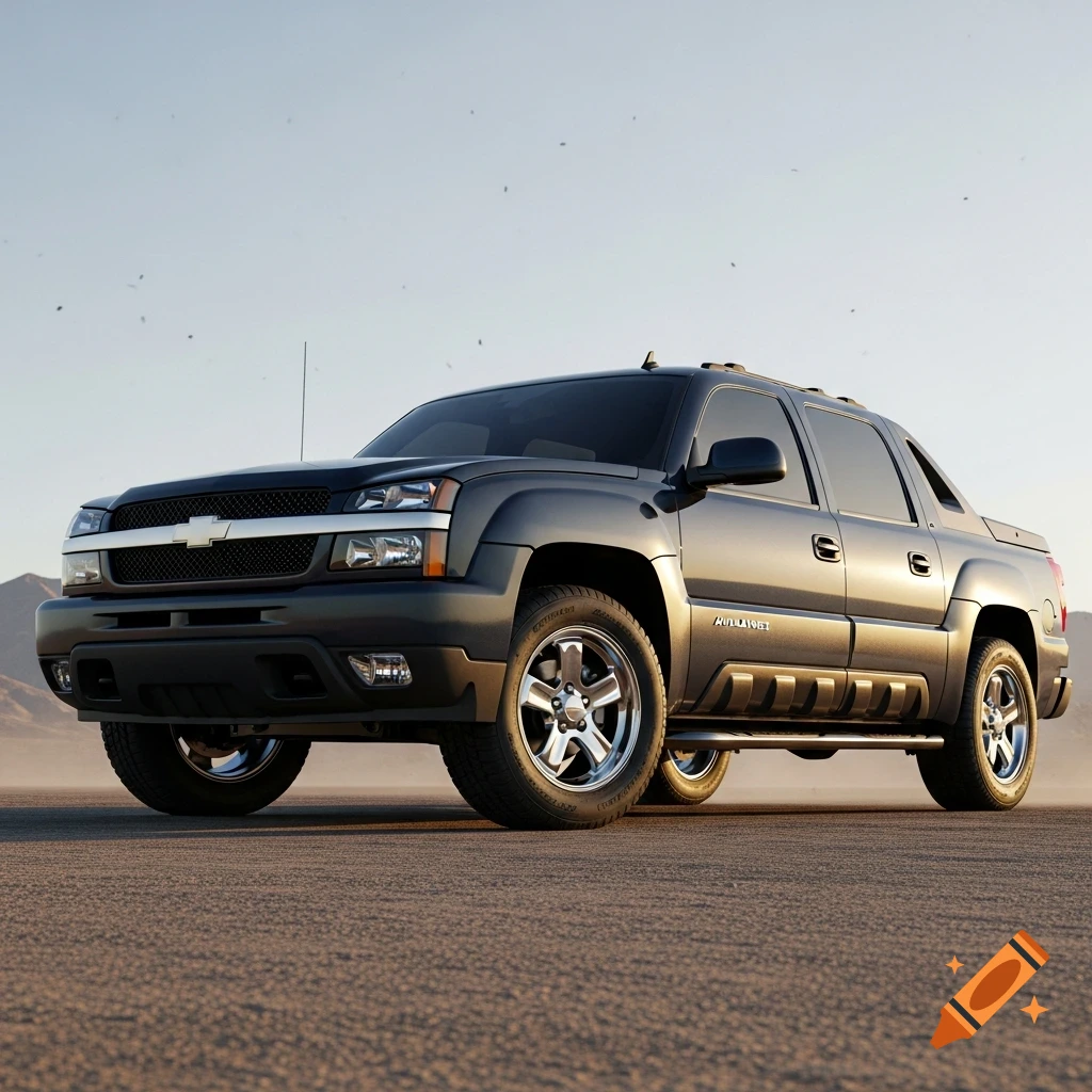 A dark gray 2003 Chevrolet Avalanche truck parked on a sandy desert road under a clear sky, viewed from a low angle. Photorealistic.