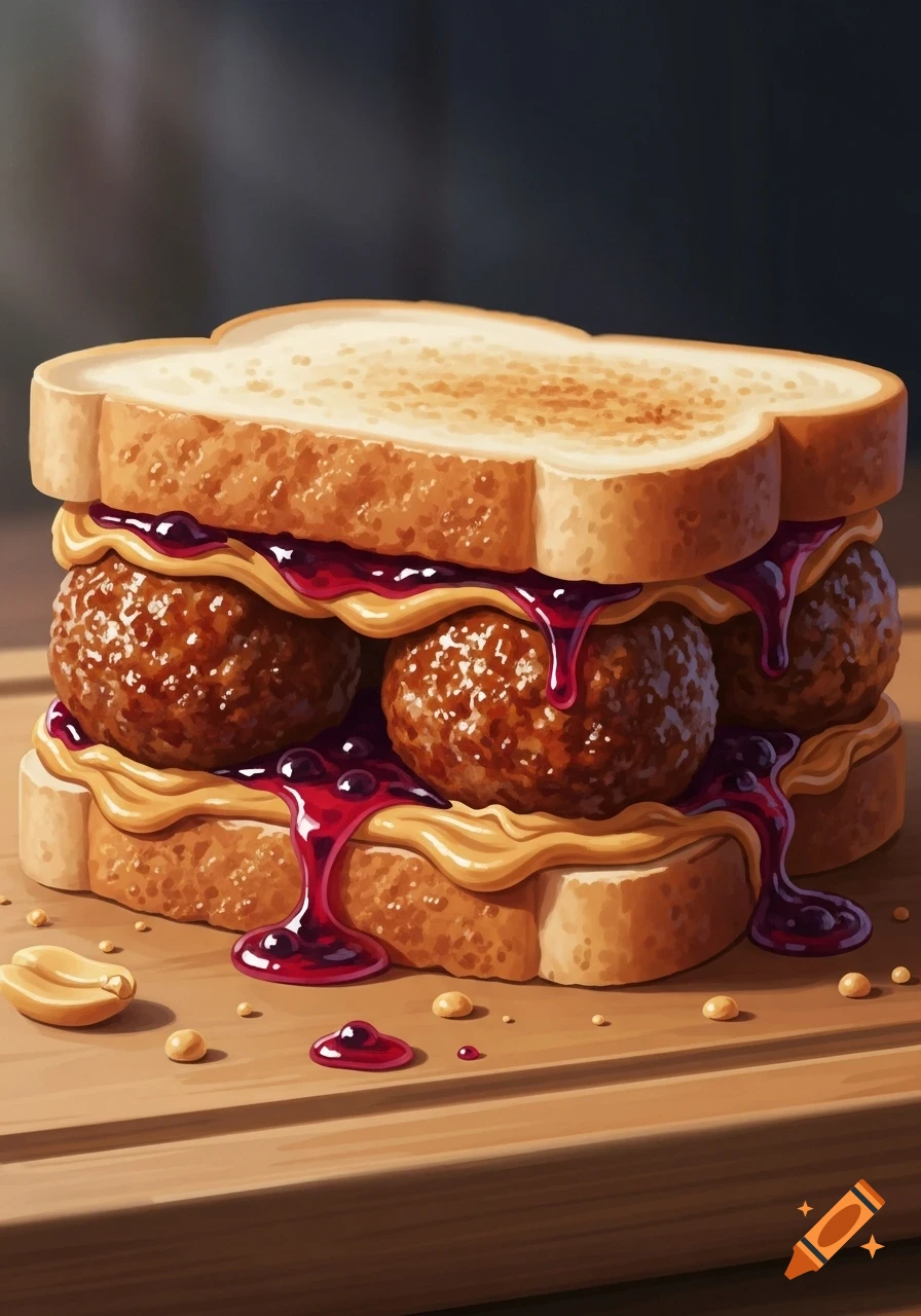 An illustrated peanut butter and jelly sandwich with several meatballs inside, on a wooden cutting board.