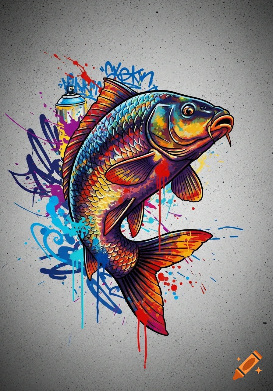 A vibrant, colorful carp rendered in graffiti art style, with paint splatters and a spray can against a textured grey background.