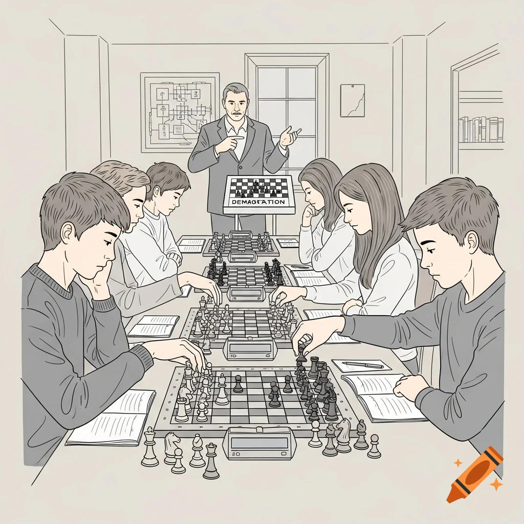 Hand-drawn illustration of teenagers playing chess at a club, with a coach explaining a concept at a demonstration board.