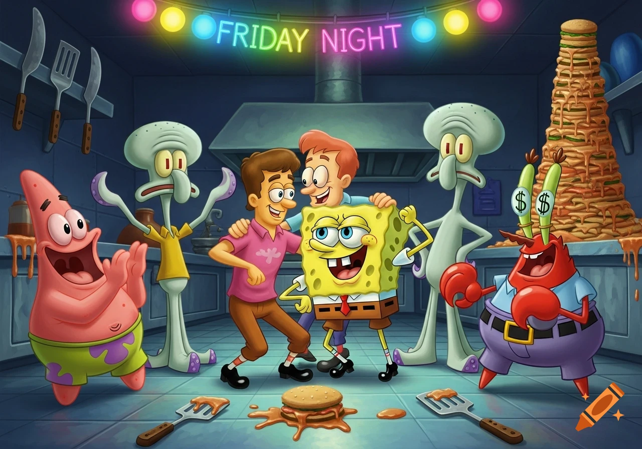 SpongeBob, Patrick, Squidward, Mr. Krabs, and two men celebrate 'FRIDAY NIGHT' in a cartoon kitchen with a giant burger stack.
