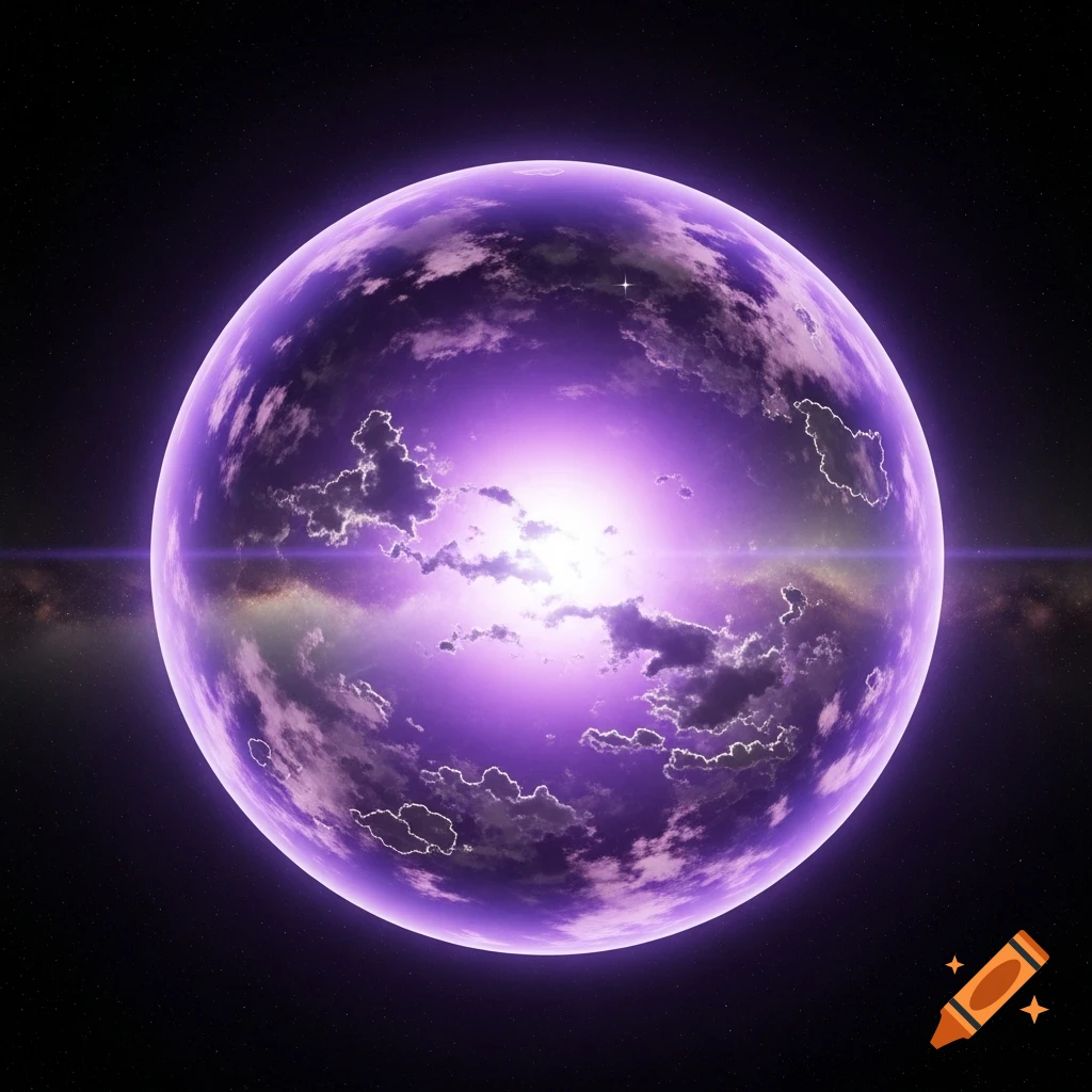 A vibrant purple planet with bright glowing clouds and a central light source, set against a dark, star-filled space.