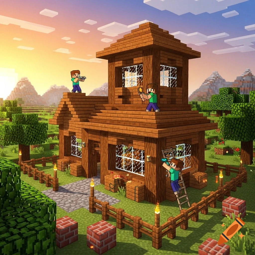 Minecraft players building a large wooden house in a blocky, vibrant landscape at sunset.