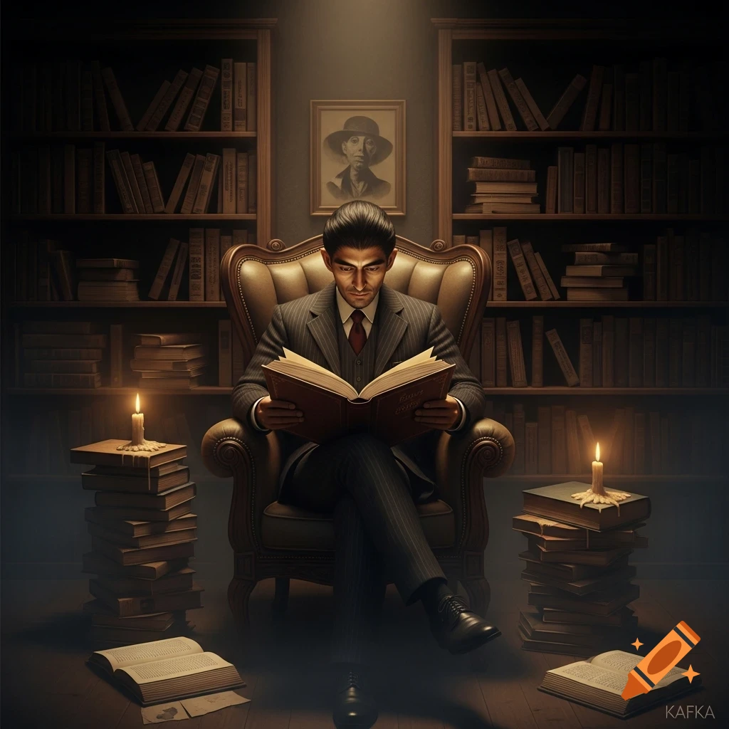 A man in a suit reads a book by candlelight in a dimly lit library filled with bookshelves and stacks of books.