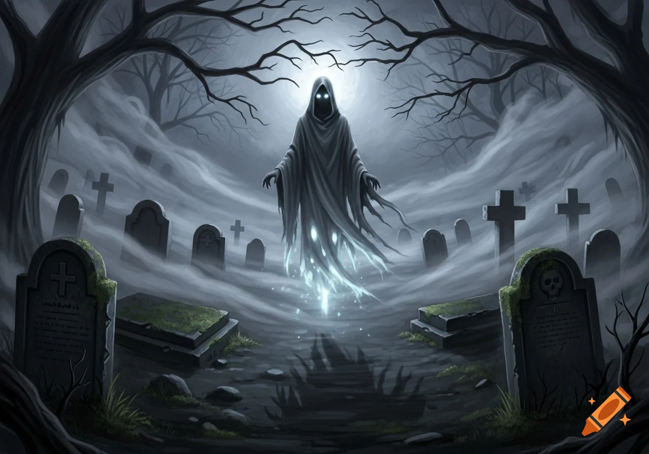 A spectral ghost with glowing eyes floats in a foggy, moonlit graveyard surrounded by tombstones and bare trees, in an eerie fantasy art style.