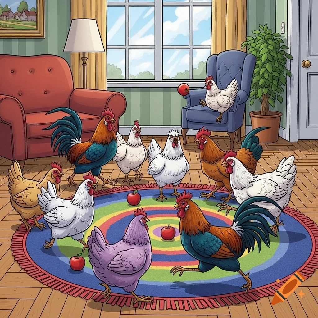 Comic art of various chickens playing with apples on a colorful round rug in a cozy living room.