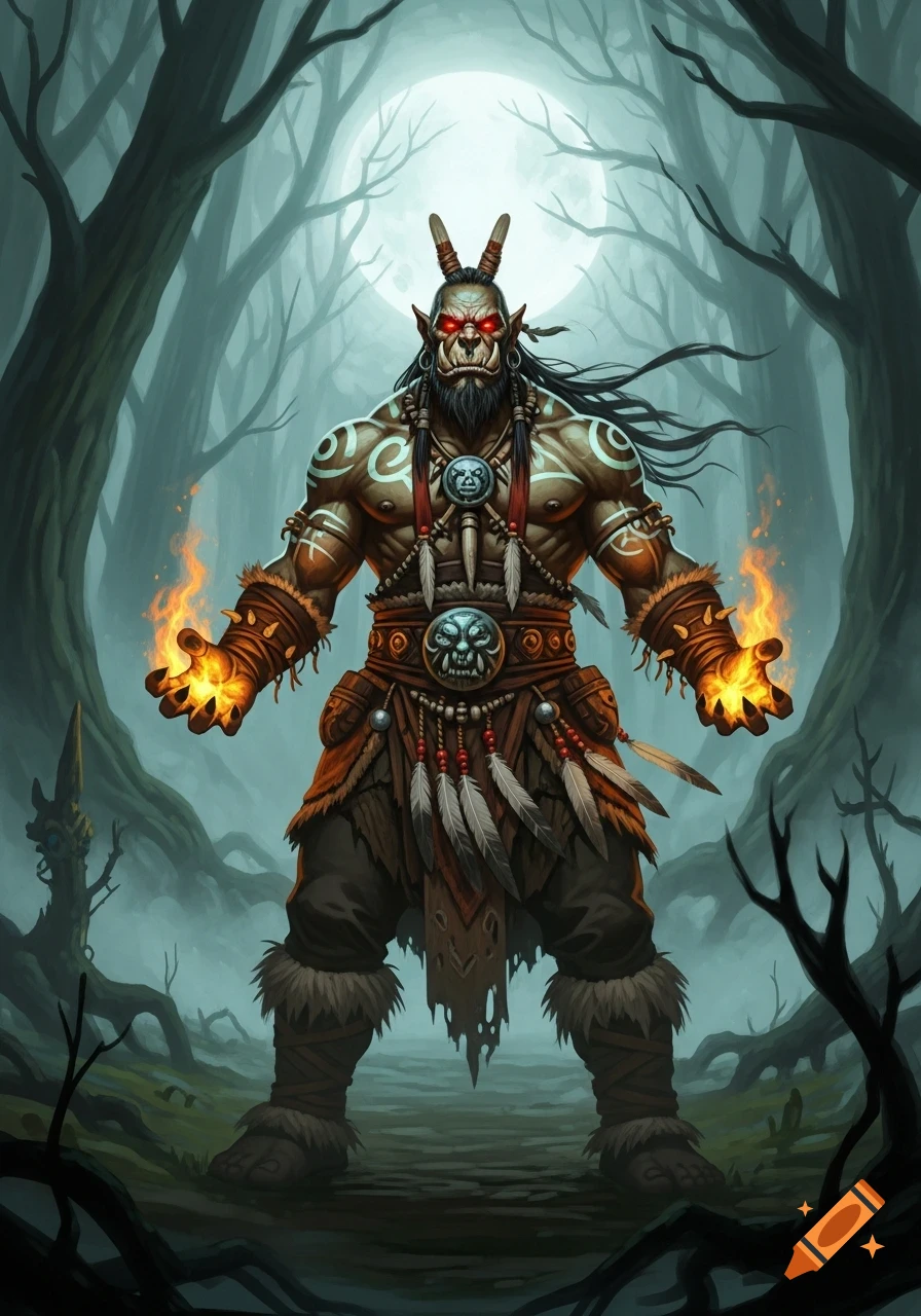 An orc shaman with red glowing eyes and horns, wearing tribal attire with feathers and intricate markings, stands in a misty forest under a full moon, holding fire in his hands.