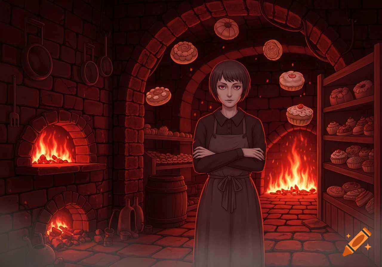 Stylized dark fantasy art of a baker with dark hair in a red-lit stone bakery with glowing ovens and floating pastries.