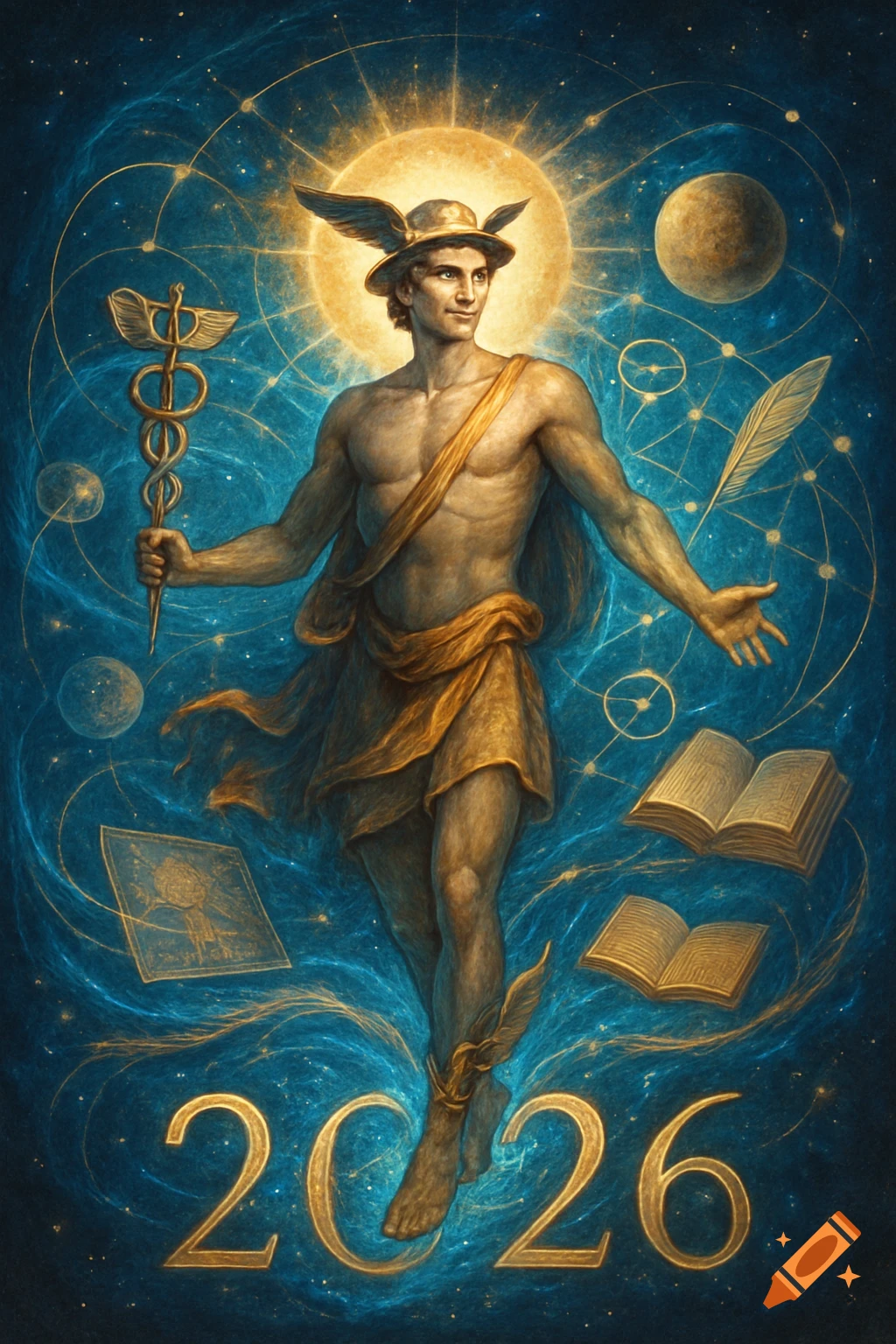 A stylized cosmic depiction of the Roman god Mercury with winged hat and caduceus, against a blue nebula, with '2026' below.