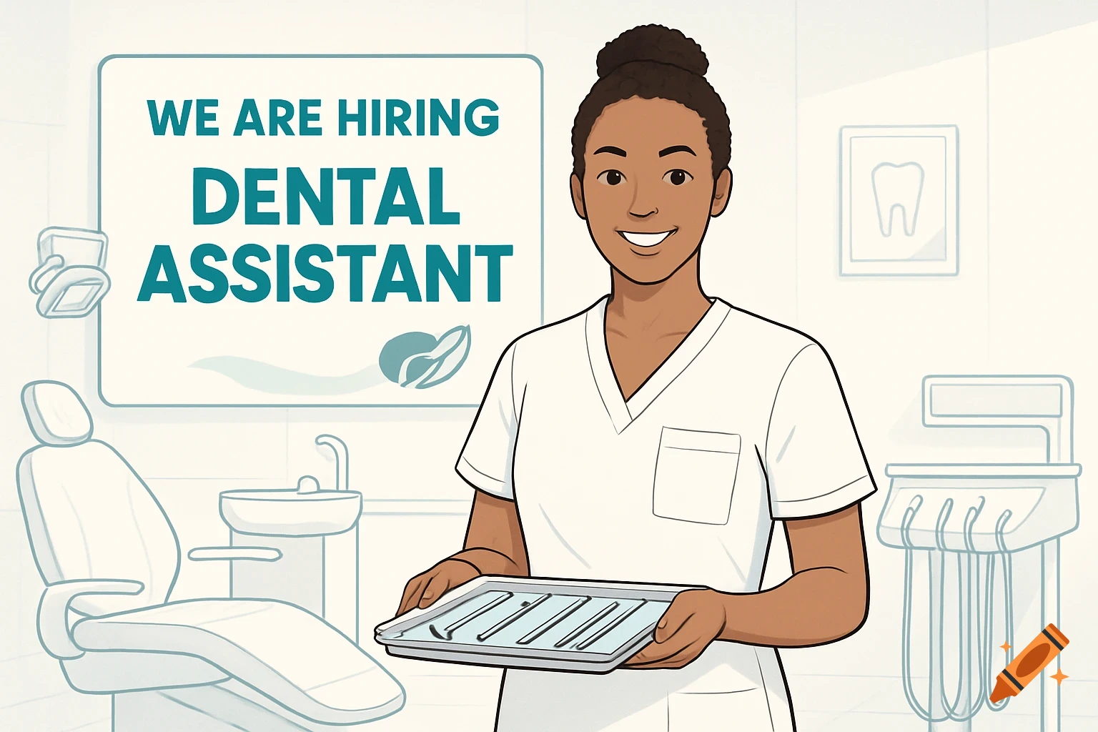 A smiling female dental assistant in scrubs holds a tray of tools in a clean dental office, with a "We are hiring" sign.