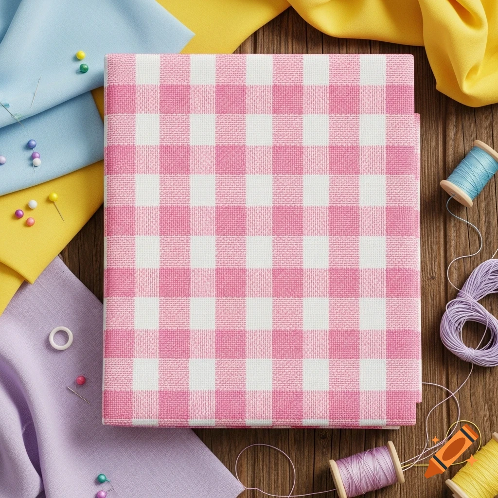 Top-down view of a pink gingham fabric surrounded by pastel blue, yellow, and purple fabrics, sewing pins, and spools of thread on wood.