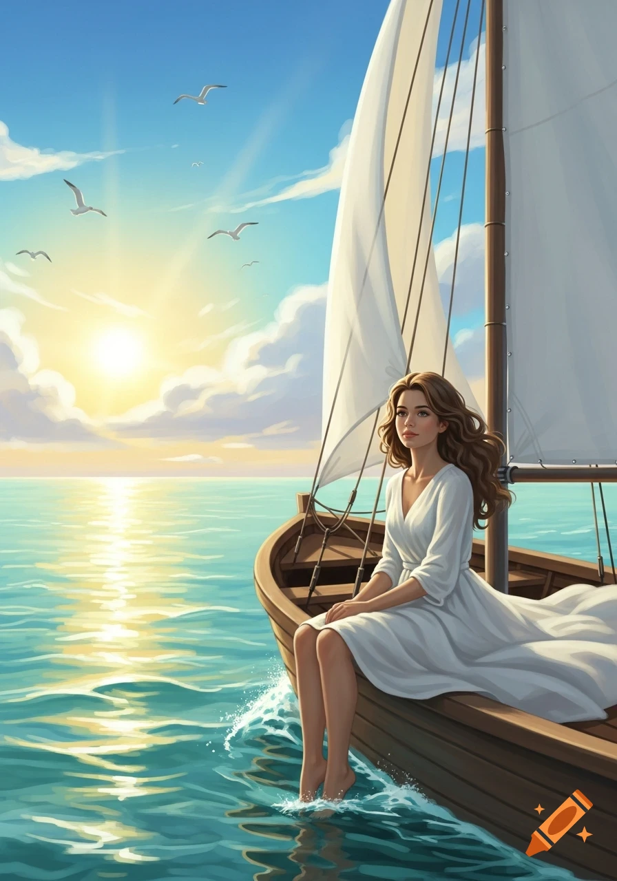 A young woman in a white dress sits on a wooden boat, dipping her bare feet into the ocean at sunset, digital art.