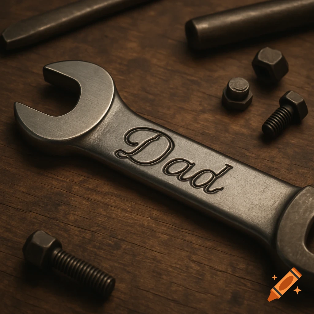 A photorealistic close-up of a metal wrench with "Dad" engraved on it, lying on a wooden surface surrounded by bolts.