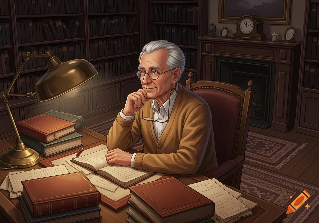 An older man with gray hair and glasses sits at a library desk, surrounded by books and papers, in an illustrated style.