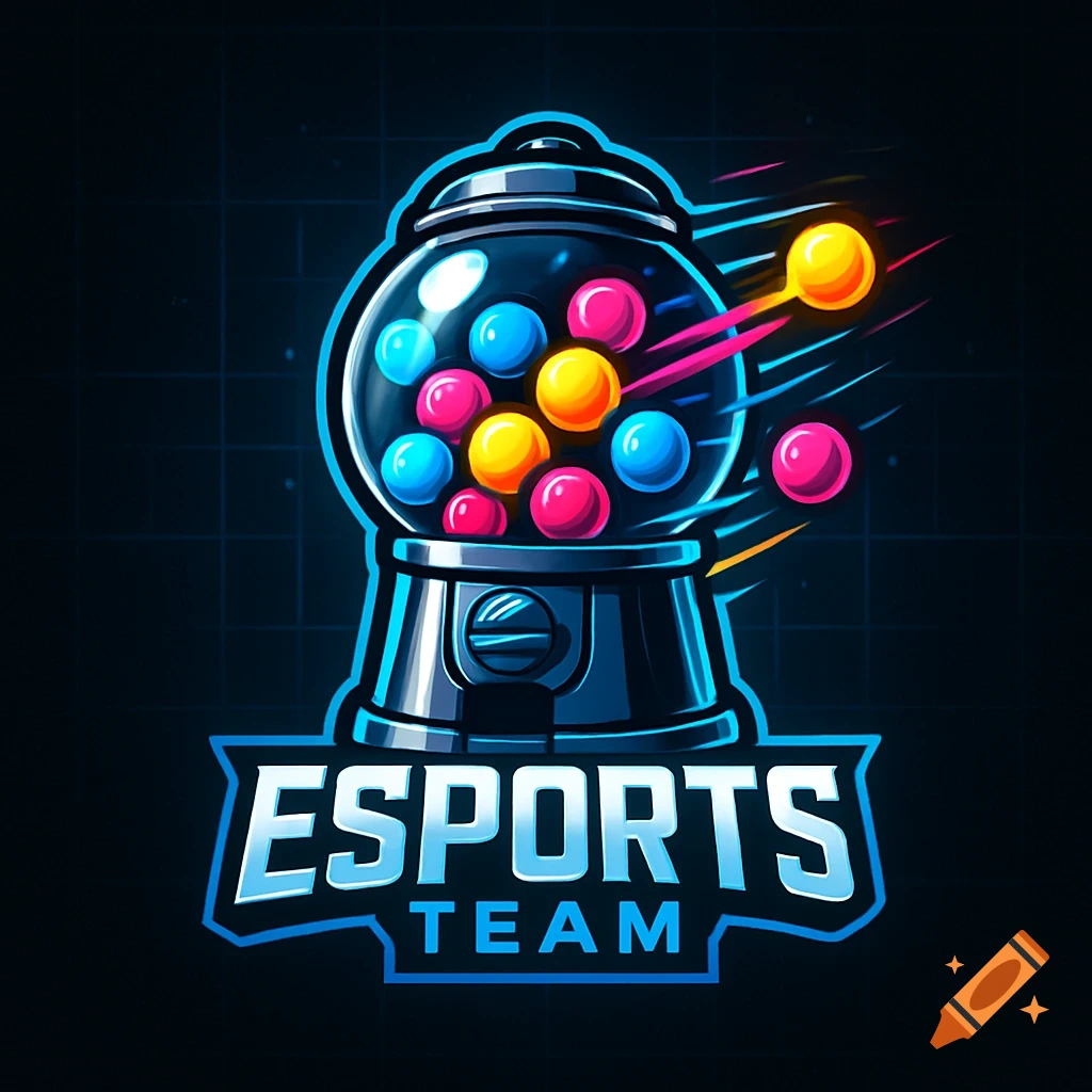 Vibrant esports logo featuring a gumball machine with colorful gumballs, text 'ESPORTS TEAM' below, on a dark grid background.