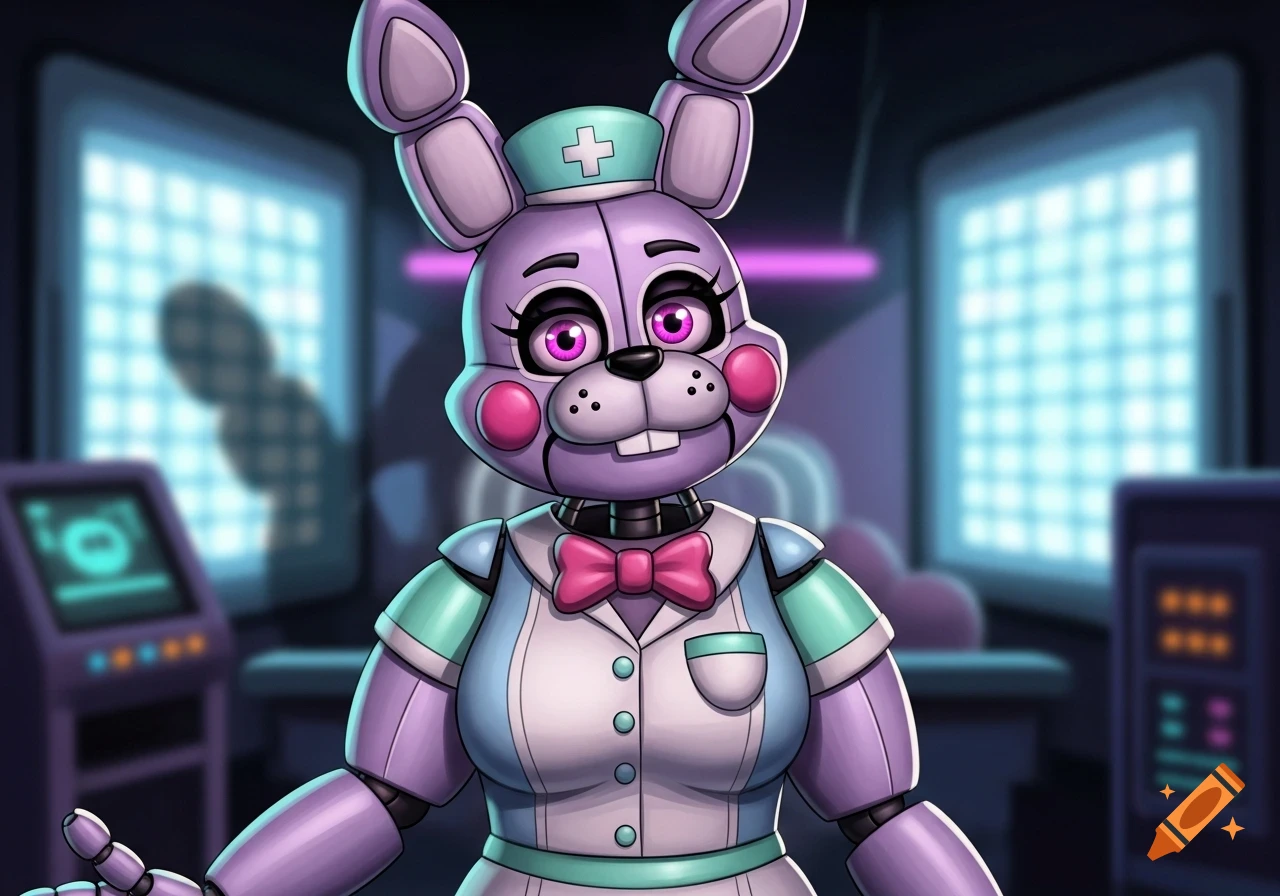 Light lavender animatronic rabbit in a nurse uniform with magenta eyes and a pink bow tie, in a dark room with glowing blue screens.