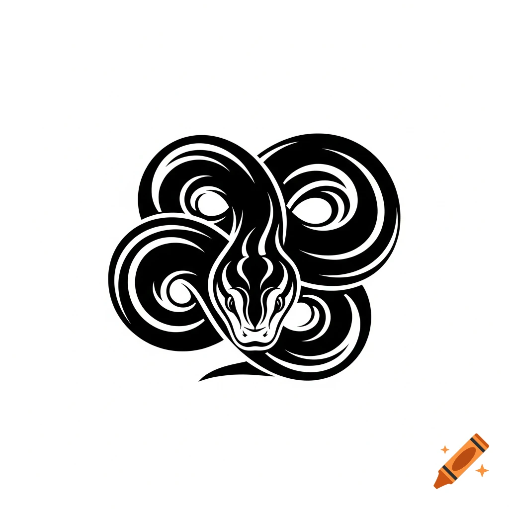 Stylized black and white logo of a coiled snake with its head facing forward