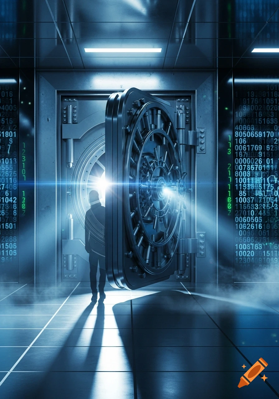 A person stands before an open, glowing bank vault, surrounded by digital data streams, conveying finance and security.