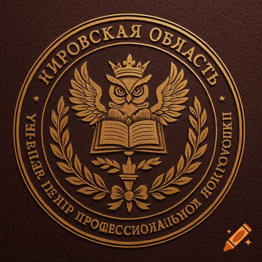A gold embossed circular seal on a brown background with a crowned owl, open book, and laurel wreaths. Russian text reads Kirov Region Training Center for Professional Training.