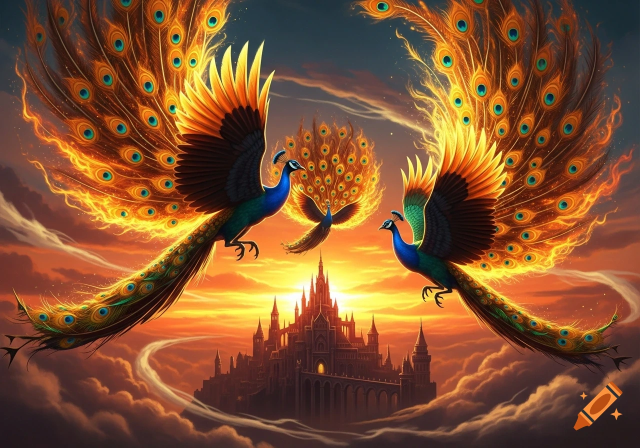 Three majestic peacocks with fiery, glowing feather tails fly above a fantasy castle amidst a vibrant sunset sky and clouds.