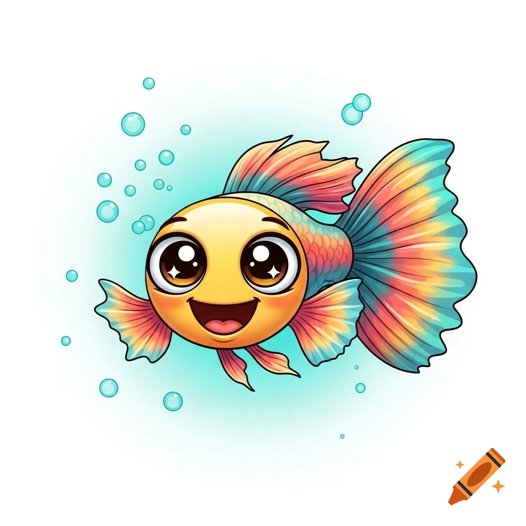 A cute, colorful cartoon guppy fish with large eyes and a happy expression, surrounded by bubbles.