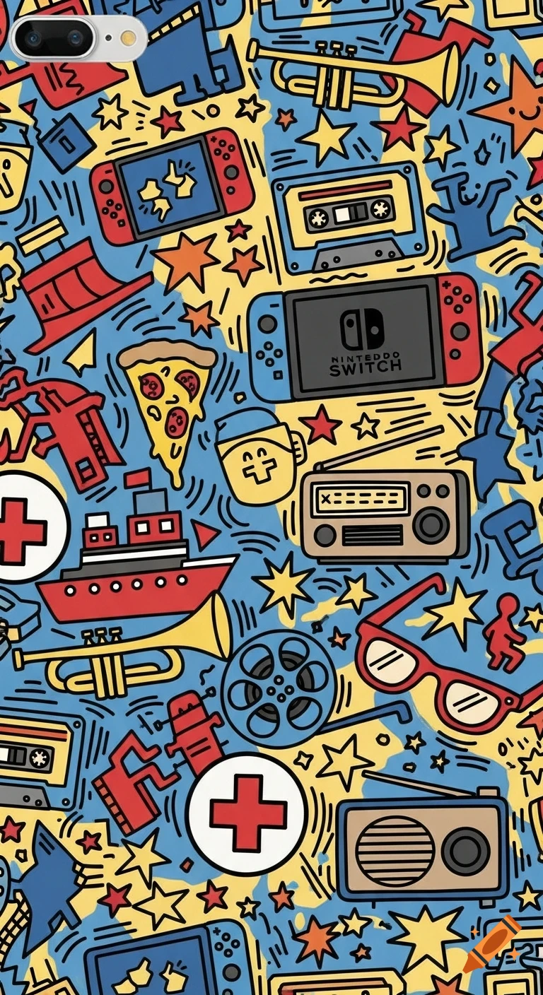 A colorful Keith Haring style jumbled pattern of simplistic outlined icons including a Nintendo Switch, pizza, trumpet, ship, radio, film reel, and stars.