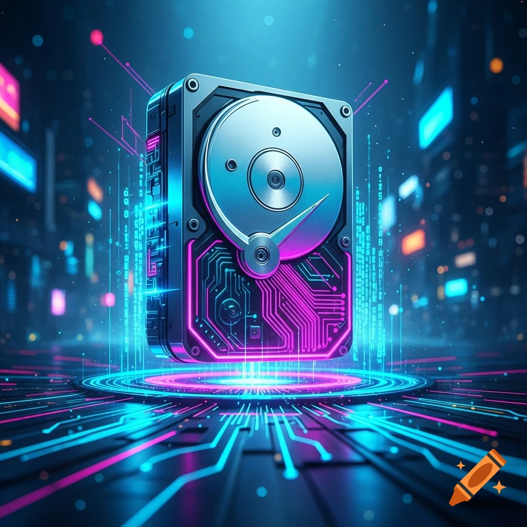 A stylized hard drive glows with neon pink and blue circuit patterns, set against a blurry cyberpunk cityscape.